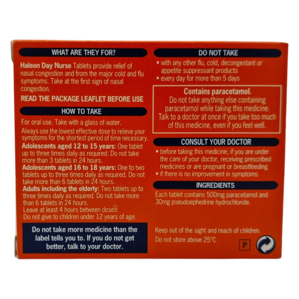 Haleons Day Nurse Film-Coated Tablets (18 Tablets) provide non-drowsy relief for cold and flu symptoms, easing nasal congestion with paracetamol. Includes dosage instructions and warnings about excessive use, advising consultation with a doctor if symptoms persist.