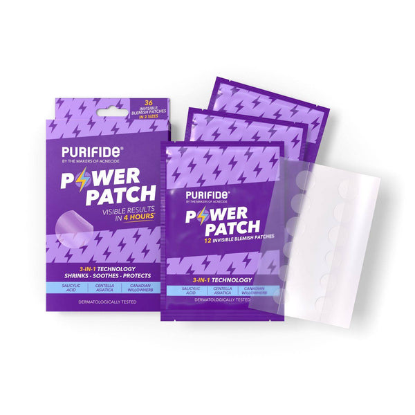 The Purifide Power Patch (36 patches) packaging shows two purple boxes, one open to display 12 salicylic acid blemish patches next to a sheet of clear spot patches. The box features 3-in-1 Technology with results in 4 hours.
