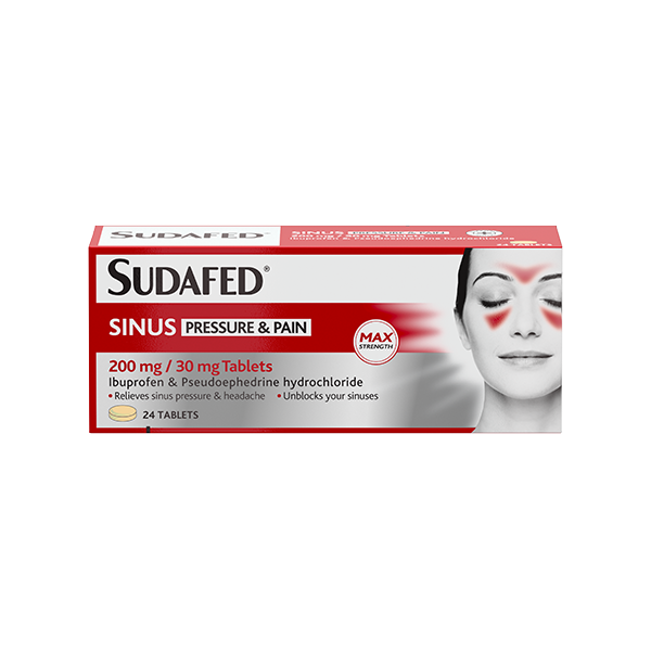 A pack of 24 Sudafed Sinus Pressure & Pain Tablets, branded by Sudafed, features ibuprofen 200 mg and pseudoephedrine hydrochloride 30 mg. The primarily white packaging with red accents prominently displays MAX Strength for effective sinus congestion relief.