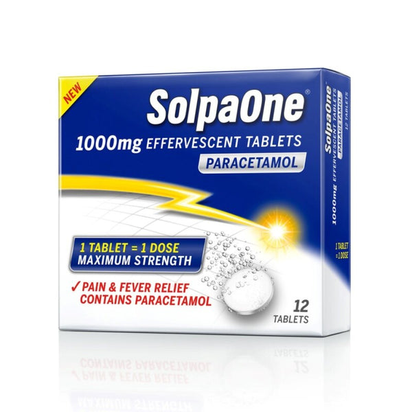 Solpadeines SolpaOne 1000mg Effervescent Tablets pack contains 12 fast-absorbing tablets that provide strong paracetamol for pain and fever relief. The packaging highlights its quick action with an image of a dissolving tablet in water.