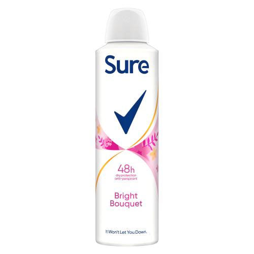 A white 150ml can of Sure Women 48hr Anti Perspirant Bright Bouquet with a blue check mark and pink floral design on the front.