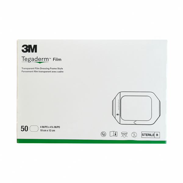 3M Tegaderm Film Dressing Frame Style 10x12cm (Pack of 50) offers a breathable, transparent barrier for wound care. Each box contains 50 film dressings in mostly white packaging with green accents and black details.