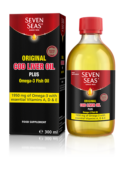 Seven Seas Cod Liver Oil Liquid (300ml) sits beside its vibrant red and yellow box, offering joint pain relief with a 1950 mg blend of Omega-3 and vitamins A, D, & E, showcasing its vitality benefits.