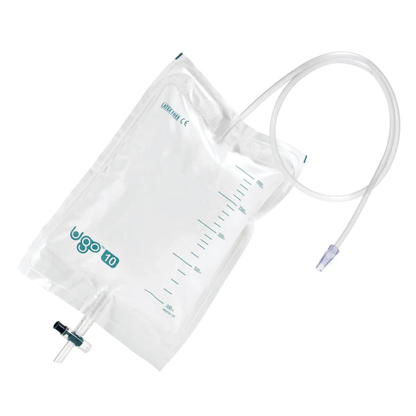 The Optimum Medical Ugo 2L Drainage Bag, designed for leak-free continuous urine drainage, features measurement markings and a flexible tube with a small valve. The transparent bag is labeled ugo in green and ensures efficient overnight use. Available as Ugo 2L Urine Night Bags (x10).