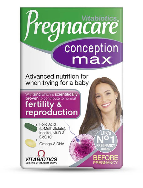 The Vitabiotics Pregnacare Conception Max-DUAL PACK (84 Tablets/Capsules) features a smiling woman and offers advanced fertility nutrition with Omega-3 fish oil and folic acid. As the UKs No.1 pregnancy brand, its ideal for pre-pregnancy support.