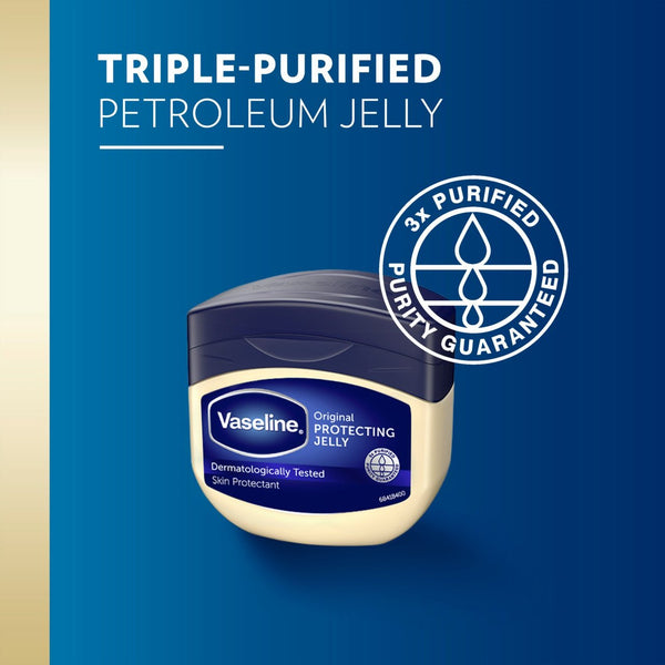 A Vaseline Petroleum Jelly (100ml) container is shown on a blue background with text: Triple-Purified Petroleum Jelly and 3x Purified Purity Guaranteed. The label, Vaseline Original Protecting Jelly, indicates its dermatologically tested for effective dry skin protection.