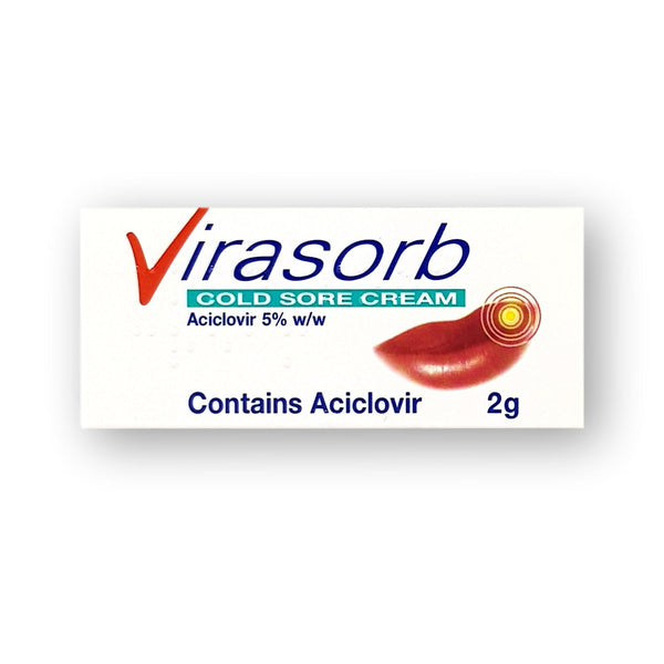 A box of Lipsore Fast Relief for Cold Sores (Brand May Vary, 2g), a trusted treatment with 5% aciclovir, shown with lips and highlighted sore, text reads: Contains Aciclovir 2g for fast relief.