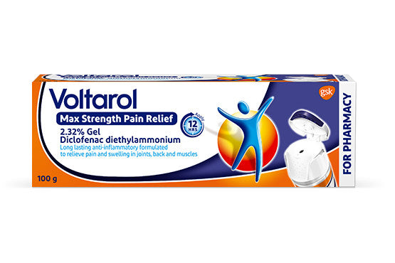 The Voltarol Max Strength Pain Relief Gel (100g) uses Emulgel technology and 2.32% diclofenac diethylammonium for anti-inflammatory relief. It features a pain relief logo, GSK branding, and FOR PHARMACY on the packaging.
