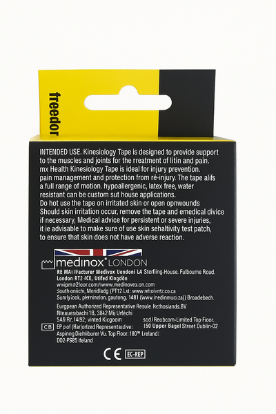 Back view of MX Health Kinesiology Tape - 5cm x 5m Beige (1 Roll) by MXHealth. The packaging features usage instructions, benefits, manufacturer info, and regulatory symbols in black text on a white background with black and yellow accents.