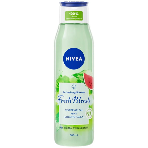 Nivea Watermelon Fresh Blends Refreshing Shower Gel (300ml) features natural ingredients like watermelon, mint, and coconut milk, with green and white labeling and a blue Nivea logo on the front.