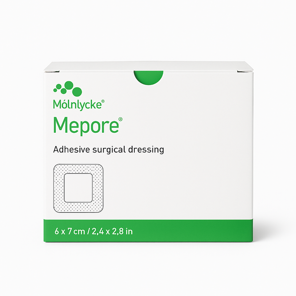 A white Molnlycke box displays Mepore Adhesive Dressings 6 x 7cm (60 pack) with a dressing image and size on a green band, offering convenient wound protection.