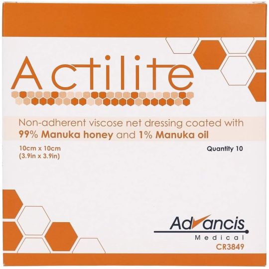 Image of an Advancis Actilite 10cm x 10cm Dressing (10s) box. The non-adherent viscose net dressing, enhanced with 99% Manuka honey and 1% Manuka oil for wound healing, is packaged with orange and white hexagonal designs.