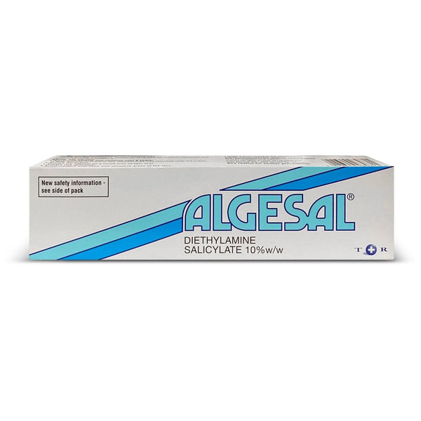 A rectangular box of Algesal Pain Relief Cream (100g) showcases a blue and white design with the text Diethylamine Salicylate 10% w/w. This topical analgesic includes safety information on the side.