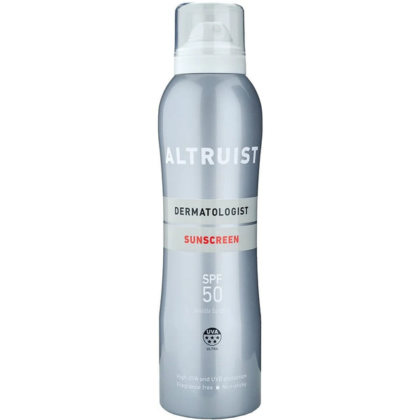The grey and white Altruist Sunscreen Spray SPF50 boasts a reef-friendly formula with high UVA/UVB protection. Its fragrance-free and non-sticky, with a spray nozzle for easy application.