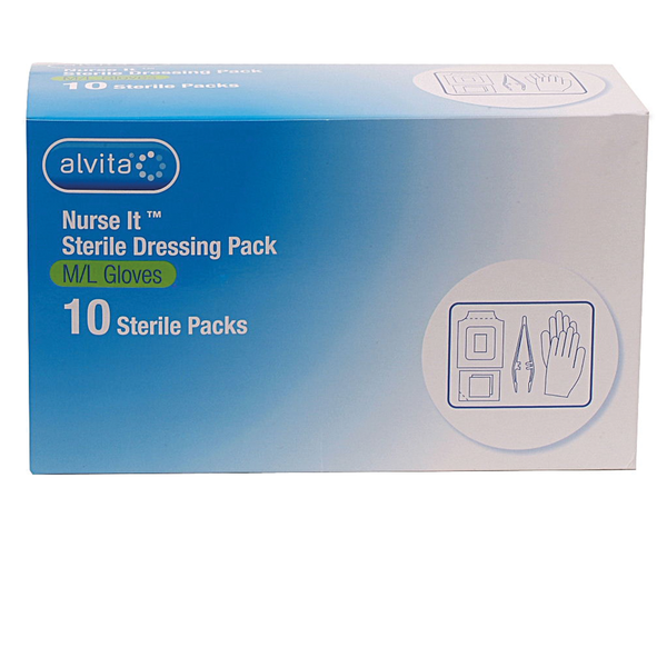 A box of Alvita Nurse It Sterile Dressing Packs (Medium - Large) contains 10 sterile wound dressing packs. The packaging, in blue and white, features images of gloves and dressing tools.