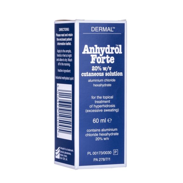 Image of a rectangular blue box of Anhydrol Forte (60ml), a 20% w/v cutaneous solution with aluminum chloride hexahydrate. It details product information, usage directions, and serves as an effective antiperspirant for treating hyperhidrosis.