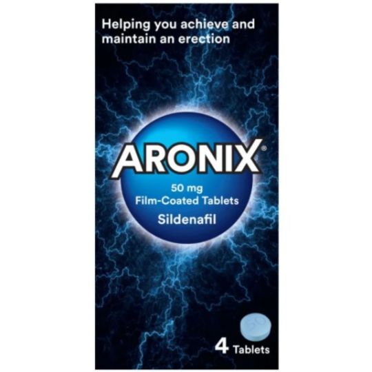 The image shows a pack of Aronix 50mg sildenafil tablets, branded as ARONIX, designed to treat impotence. The blue packaging with a lightning design emphasizes its function in aiding erections. Contains 4 tablets.