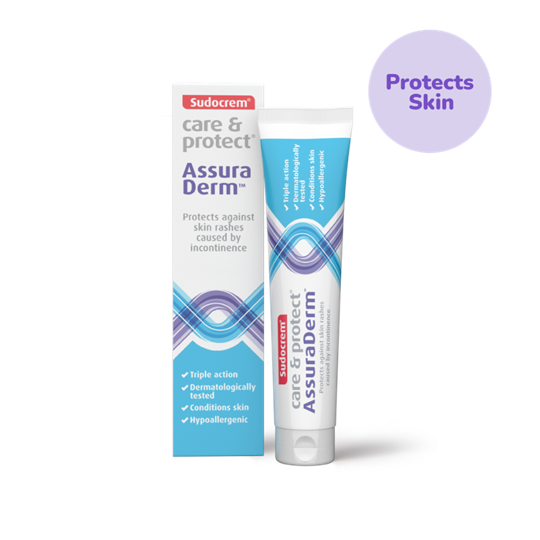 A box and tube of Sudocrem Care And Protect Assuraderm 100g by Sudocrem, designed to protect skin from incontinence-related rashes. A purple circle stating Protects Skin appears beside the products.