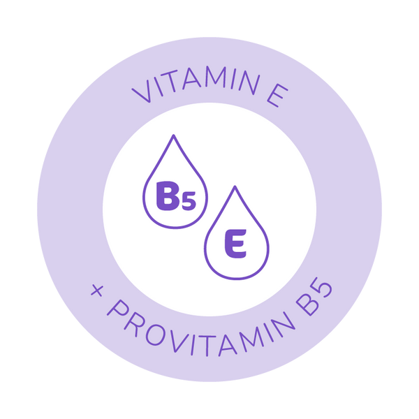 Purple circular icon with Vitamin E + Provitamin B5 around two outlined droplets labeled B5 and E in the center, highlighting skin protection for Sudocrem Care And Protect Assuraderm 100g by Sudocrem.