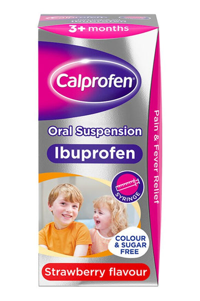 Image of a Calprofen Ibuprofen 20mg/ml Suspension (200ml) box for ages 3 months and up, featuring two children. It is labeled strawberry flavor, color-free, sugar-free, and notes pain & fever relief and anti-inflammatory on the side.