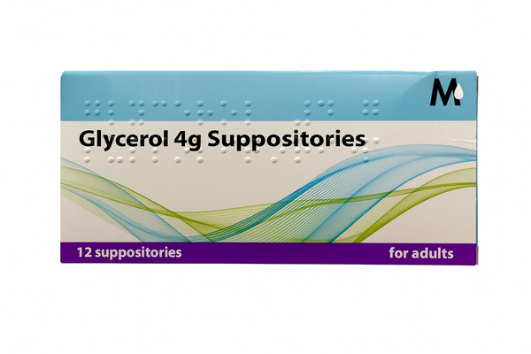 Martindale Adult Constipation Relief Glycerin Glycerol 4G includes 12 fast-acting suppositories. The box has braille, a wave design, and a purple strip at the bottom.