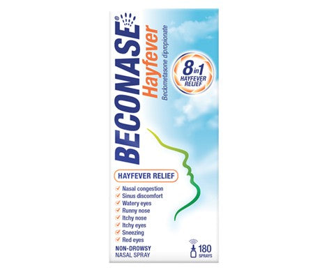 Beconase Hayfever Nasal Spray (180 dose) by Beconase features a blue and white box with orange accents and a face profile illustration. The pack highlights its anti-inflammatory action for relief of nasal congestion and sneezing from airborne allergies.