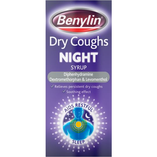 The image shows a purple-packaged bottle of Benylin Dry Coughs Night Syrup (150ml), containing diphenhydramine, dextromethorphan, and levomenthol to effectively relieve dry coughs and promote restful sleep with its calming formula.