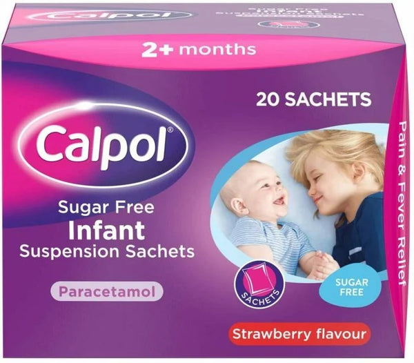 A box of Calpol Sugar Free Sachets Strawberry 2+ Months (20) for children aged 2 months and older, offering pain relief. The pink and purple box features a smiling baby and toddler, capturing their shared joy.