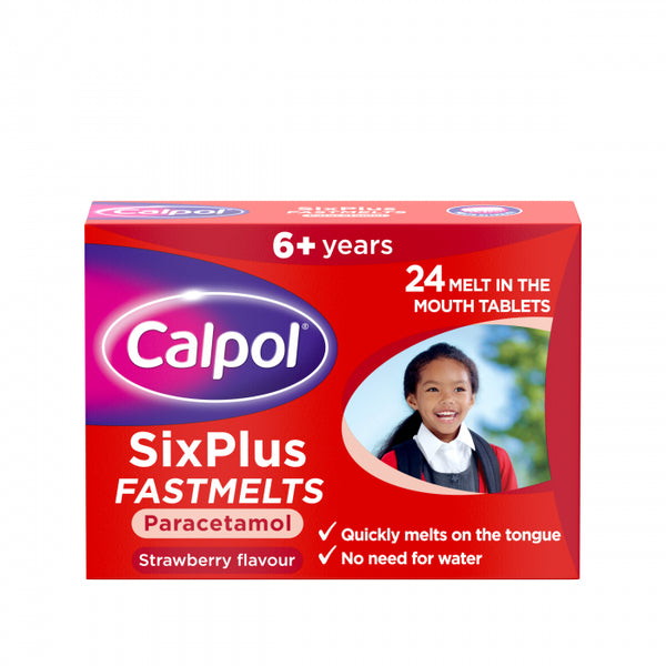 Calpol SixPlus Fastmelts Strawberry (24) offers 24 strawberry-flavored, melt-in-the-mouth paracetamol tablets for ages 6+ that provide quick relief from pain and fever. These tablets dissolve effortlessly on the tongue without water needed and feature a child in a school uniform on the red box.