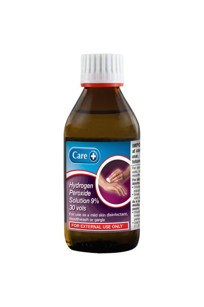 The Care Hydrogen Peroxide 9% solution in a brown bottle with a white screw cap is ideal for external use, detailing wound cleaning, skin disinfection, or teeth whitening as a mouthwash.