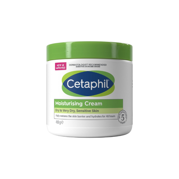 The Cetaphil Moisturising Cream (450g) features a white container with a green label. Ideal for dry to very dry, sensitive skin, it offers 48-hour hydration and is dermatologically recommended. The label highlights it as new and improved for nurturing sensitive skin.