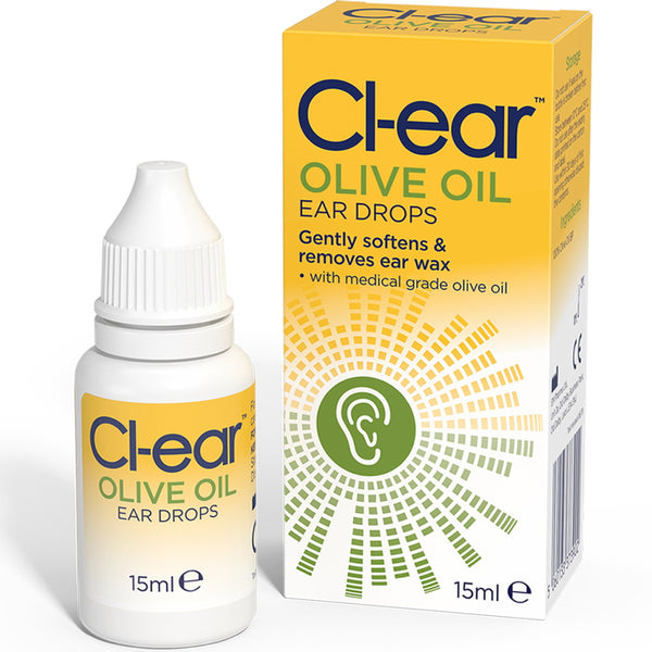 The Cl-ear Olive Oil Ear Drops (15ml) is a natural ear wax treatment. Its yellow and white packaging features the claim Gently softens & removes ear wax and displays a green ear icon with radiating lines.