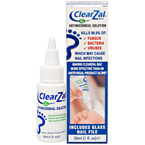 Close-up of Clearzal Bac Antimicrobial Solution (30ml) bottle and box. It kills 99.9% of fungi, bacteria, and viruses for effective fungal nail treatment. Includes a glass nail file and features a foot icon with an Aloe Vera badge on the packaging.