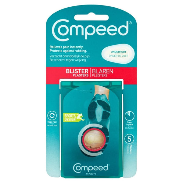 The Compeed Underfoot Blister 5 Blister Plasters package, featuring a green design with a plaster window and blister illustration, highlights Sports Design, offers instant pain relief, anti-rubbing benefits, and contains five essential plaster strips for underfoot protection.