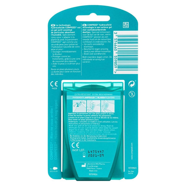 Back view of a Compeed Underfoot Blister 5 Plaster package, featuring green design with French and English text on pain relief benefits. A barcode and hanging cut-out are visible at the top.