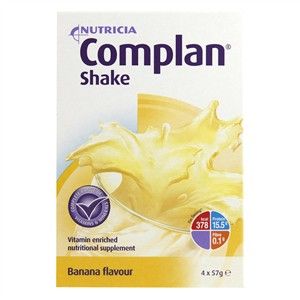 Nutricia Complan Shake Banana Flavour (4x57g) is a high-energy, vitamin-enriched nutritional supplement. The box features a yellow splash design and displays key nutritional information on the front.