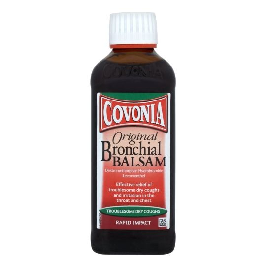 Covonia Original Bronchial Balsam (150ml) expertly relieves bronchitis symptoms and dry coughs with active ingredients like Dextromethorphan Hydrobromide and Levomenthol, ensuring rapid impact and soothing throat irritation.