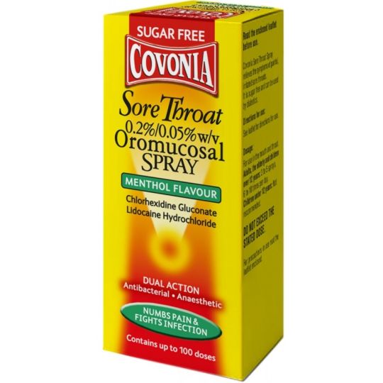 Covonia Sore Throat Oromucosal Spray (30ml) provides soothing, sugar-free menthol throat relief. With chlorhexidine and lidocaine for antibacterial and anaesthetic effects, it delivers up to 100 doses of comfort.