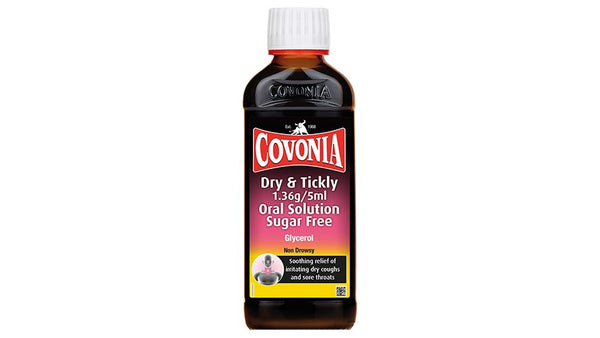 A 150ml bottle of Covonia Dry & Tickly Cough Sugar-Free Oral Solution features a pink and yellow label, signifying it contains glycerol to relieve dry, tickly coughs and sore throats from upper respiratory issues. The bottle has a white cap.