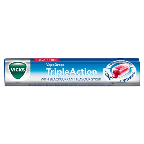 The blackcurrant-flavored Vicks Triple Action Throat Sweets (42g) features a wrapper with Sugar Free, Cooling Menthol, Zinc, and Vitamin C benefits, showcasing the Vicks logo on the left.