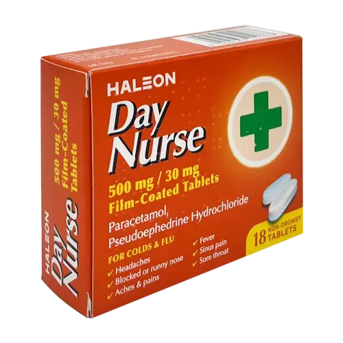 Haleon Day Nurse Film-Coated Tablets, Non-Drowsy, come in a red and orange box with 18 tablets. Contains paracetamol 500 mg and pseudoephedrine hydrochloride 30 mg for effective relief of headache, fever, and sinus pain from cold and flu.
