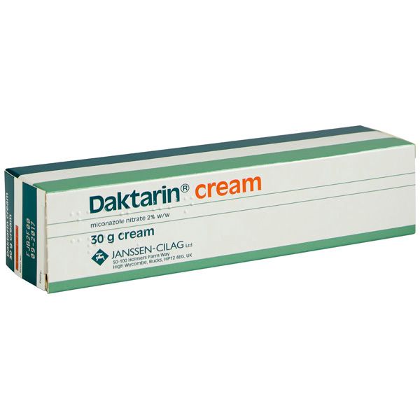 The green and white box of Daktarin Anti-Fungal Cream (30g) contains 2% w/w miconazole nitrate to treat fungal skin infections, featuring red text and is branded by Janssen-Cilag Ltd.