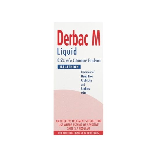 Derbac M Liquid Treats Scabies & Lice (150ml) by Derbac is a 0.5% w/w malathion cutaneous emulsion for head lice and scabies, suitable for sensitive skin or asthma. Comes in white and pink packaging with blue and red text.
