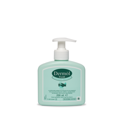 A 200ml Dermol Wash bottle with a pump dispenser, in light green, sits against a white background. The label specifies its an antimicrobial emollient for eczema and dermatitis relief, targeting dry and itchy skin.