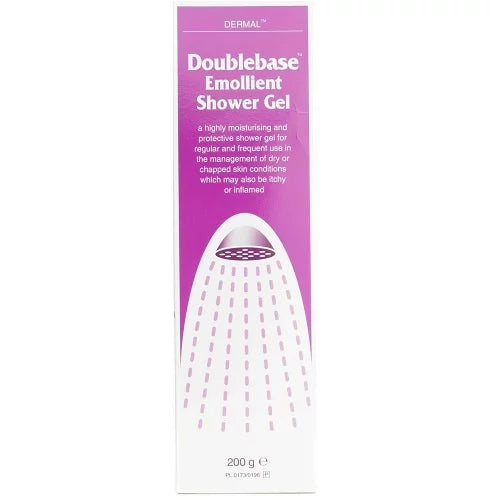 The Doublebase Emollient Shower Gel (200g) by Doublebase comes in a white and purple box with a showerhead image and highlights its use as a moisturizer for dry or chapped skin. Ideal for dry skin treatment.
