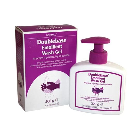 The Doublebase Emollient Wash Gel (200g) comes with a purple pump bottle and a box showing hand illustrations. This eczema treatment, containing isopropyl myristate and liquid paraffin, is designed to soothe dry or chapped skin.