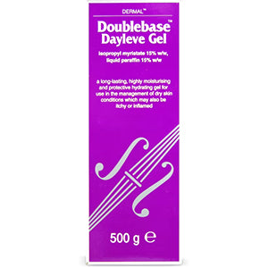 A purple box with Doublebase Dayleve Gel (500g) contains Isopropyl Myristate 15% and Liquid Paraffin 15%, providing deep hydration and 24-hour moisture for dry skin.