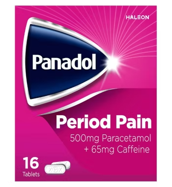 Panadol Period Pain tablets come in pink packaging and contain 500mg of Paracetamol combined with 65mg of Caffeine to relieve period pain and headaches. Each box has 16 tablets.