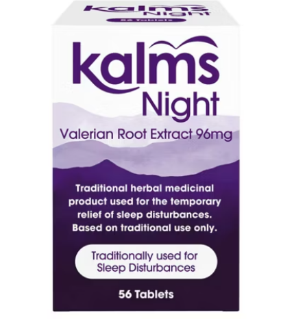 Kalms Night Valerian Root Extract (56 tablets) by Kalms is a herbal medicine with 96mg Valerian Root Extract per tablet, traditionally used for sleep disturbances. Supplied in a purple and white box.