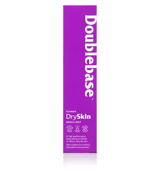 A purple rectangular box labeled Doublebase Gel (100g) offers a high-performance, long-lasting solution for very dry skin. This hydrating gel is ideal for eczema and suitable for dermatitis and psoriasis.